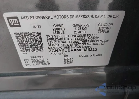 2021 Chevrolet Equinox Awd Lt from USA, damaged, VIN 3GNAXUEVXML386213